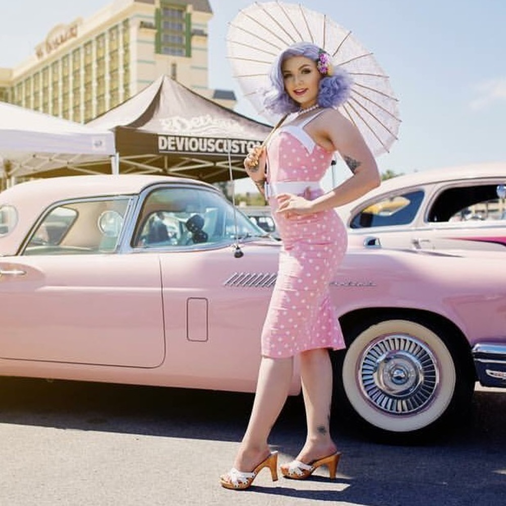 Deadly Dames, pink polka dot midi dress